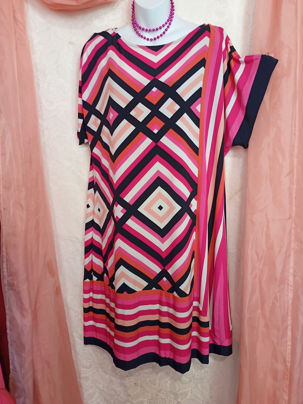 Studio One Geometric Pink & Navy Midi Shift Dress Sz XL